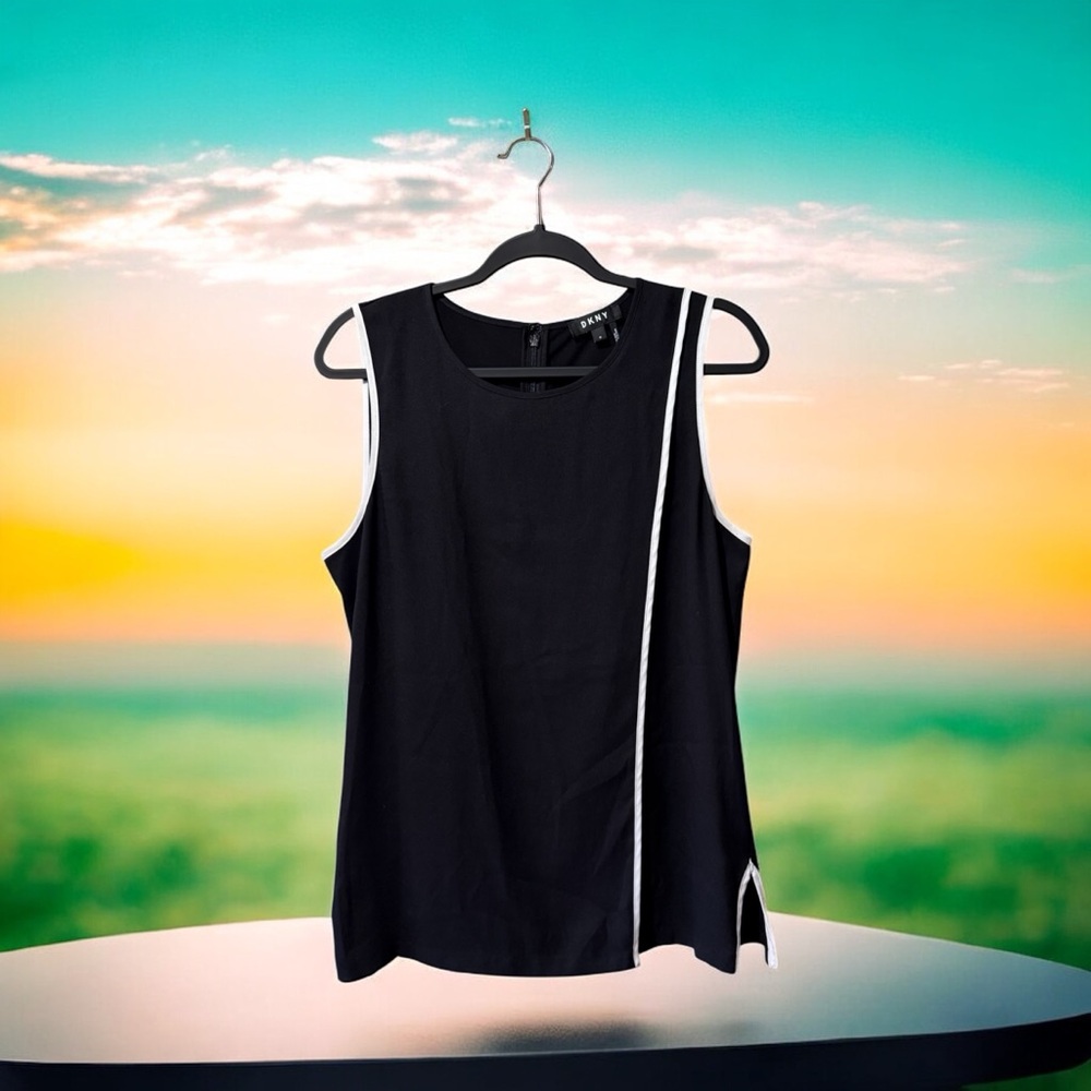 DKNY Black Asymmetrical Tank Top with White Trim